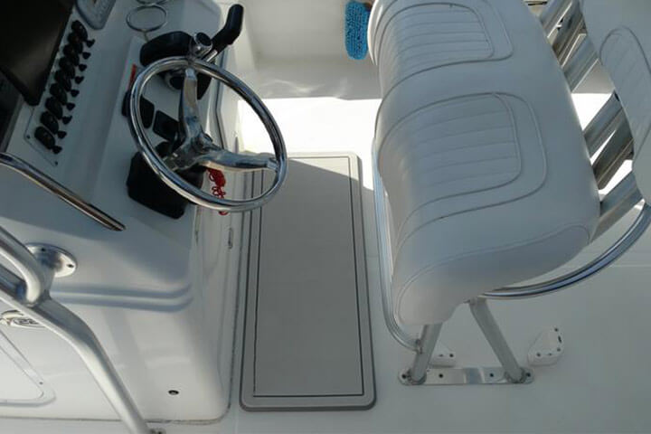 white custom helm pad used at boat helm station